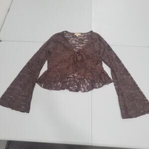 Y2K Fairy Grunge WhimsyLace Top Womens Medium Brown Sheer Bell Sleeve Ruffle